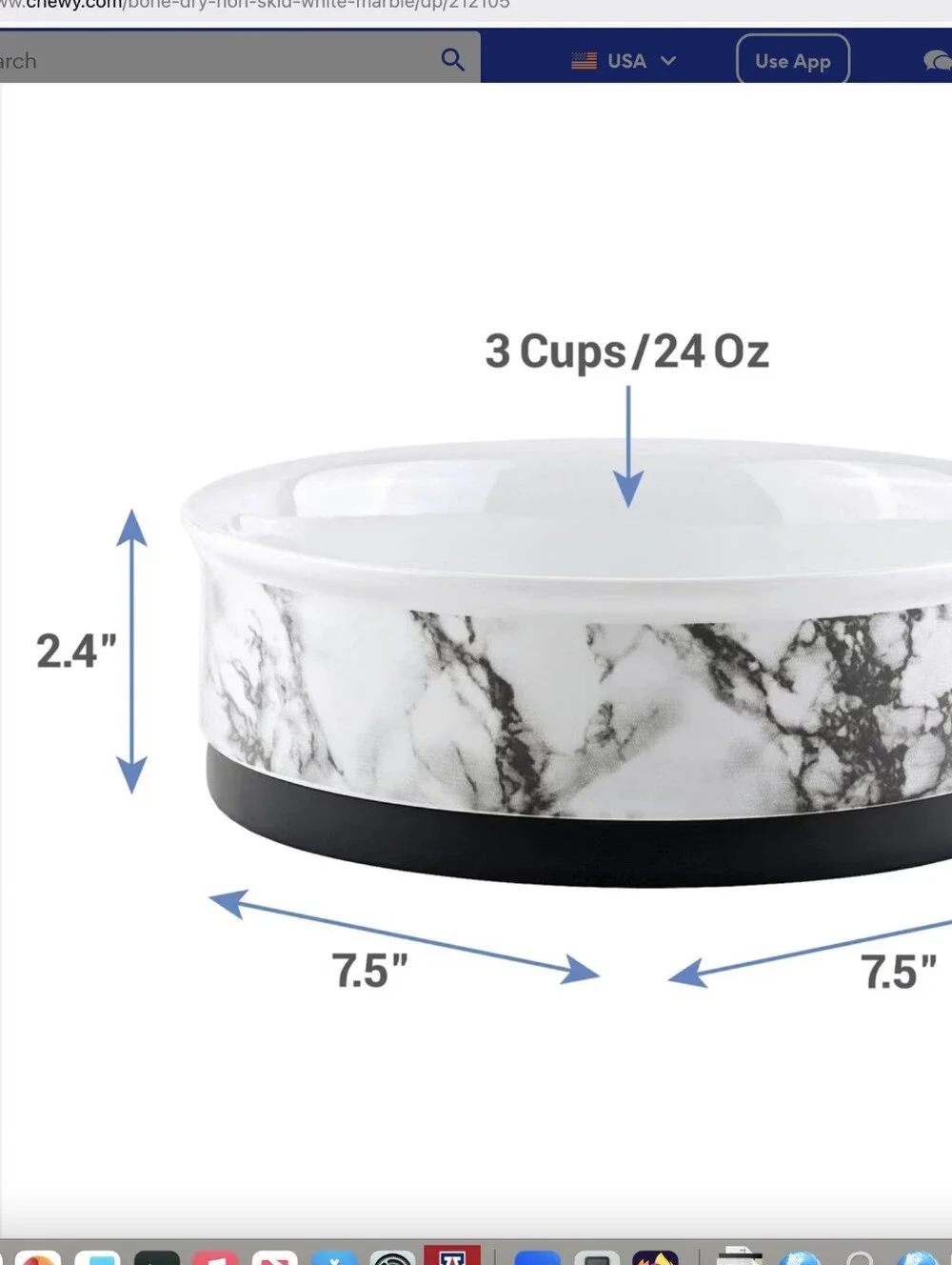 New In Box 2 Bone Dry Non-Skid White Marble Ceramic Dog Bowl Set, 3-cup
